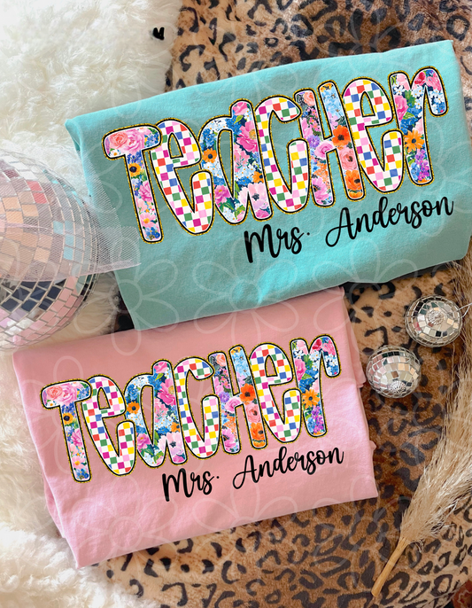 Floral Checkered Teacher Custom Name