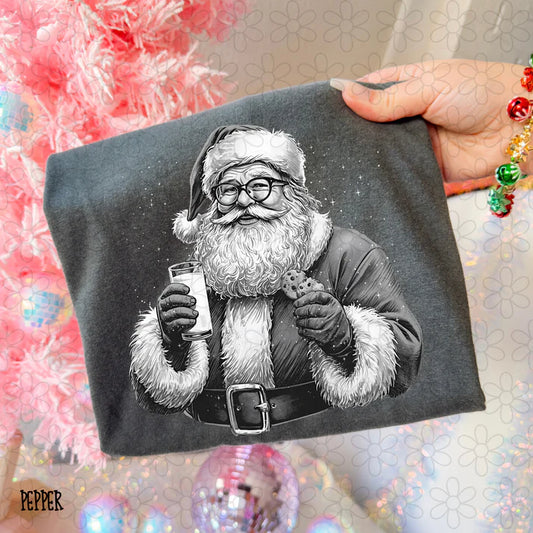 Black & white santa with cookies & milk