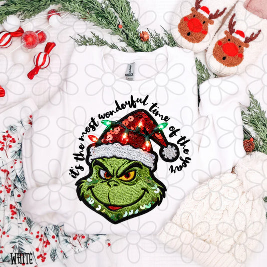 Faux Sequins Grinch It's The Most Wonderful Time Of The Year