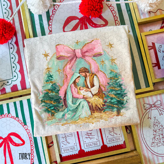 Painted Christmas Nativity Pink Gold Bow